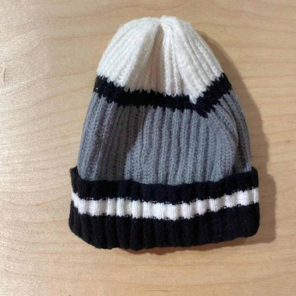 Cozy Kids' Striped Beanie - Black, Gray, and White (JS)